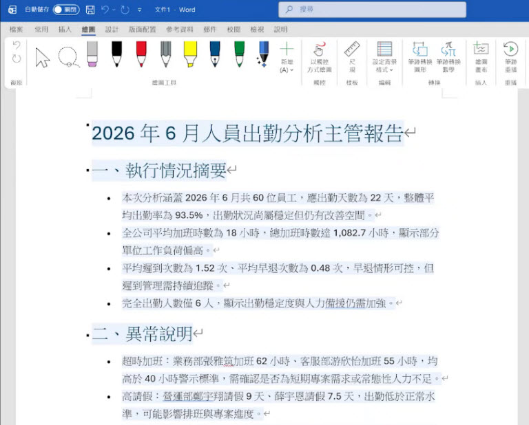 Word x Copilot產出範例：出勤分析主管報告