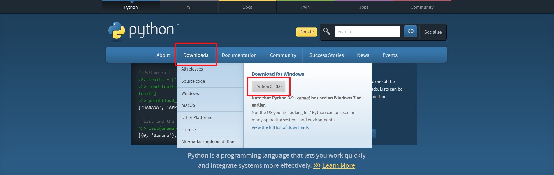 步驟1. Python 官網點選 Downloads 下載安裝程式