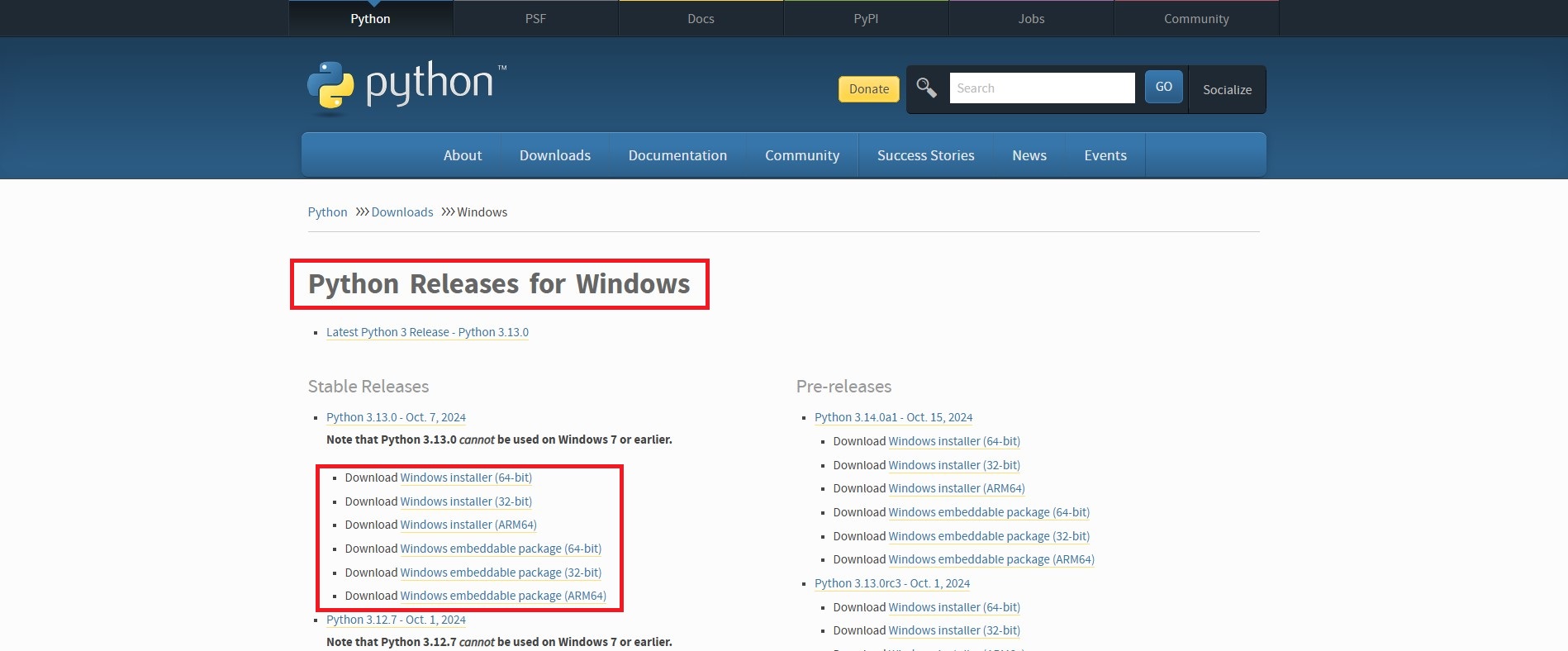 步驟1. Python 官網點選 Downloads 選擇作業系統OS版本下載安裝程式 for Windows